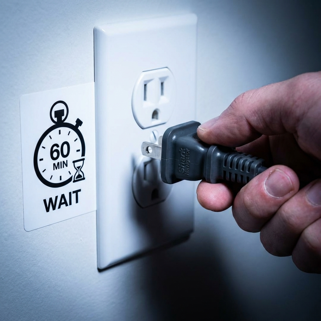 Close-up of Shark Navigator plug being pulled with a 60-minute wait timer