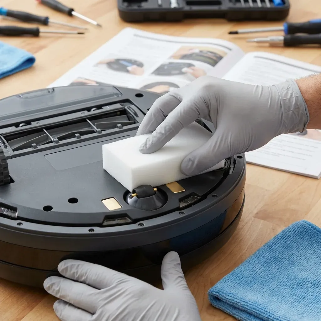 Close up of cleaning Roomba charging contacts