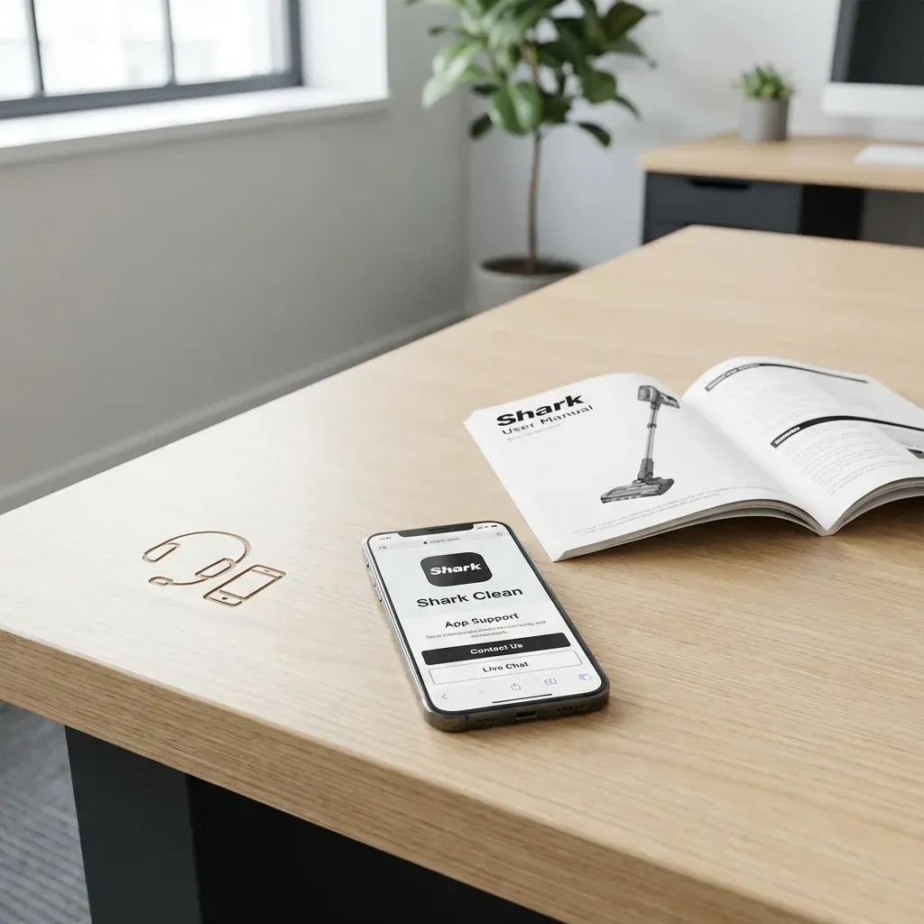 A modern desk workspace with a smartphone displaying Shark support and a user manual