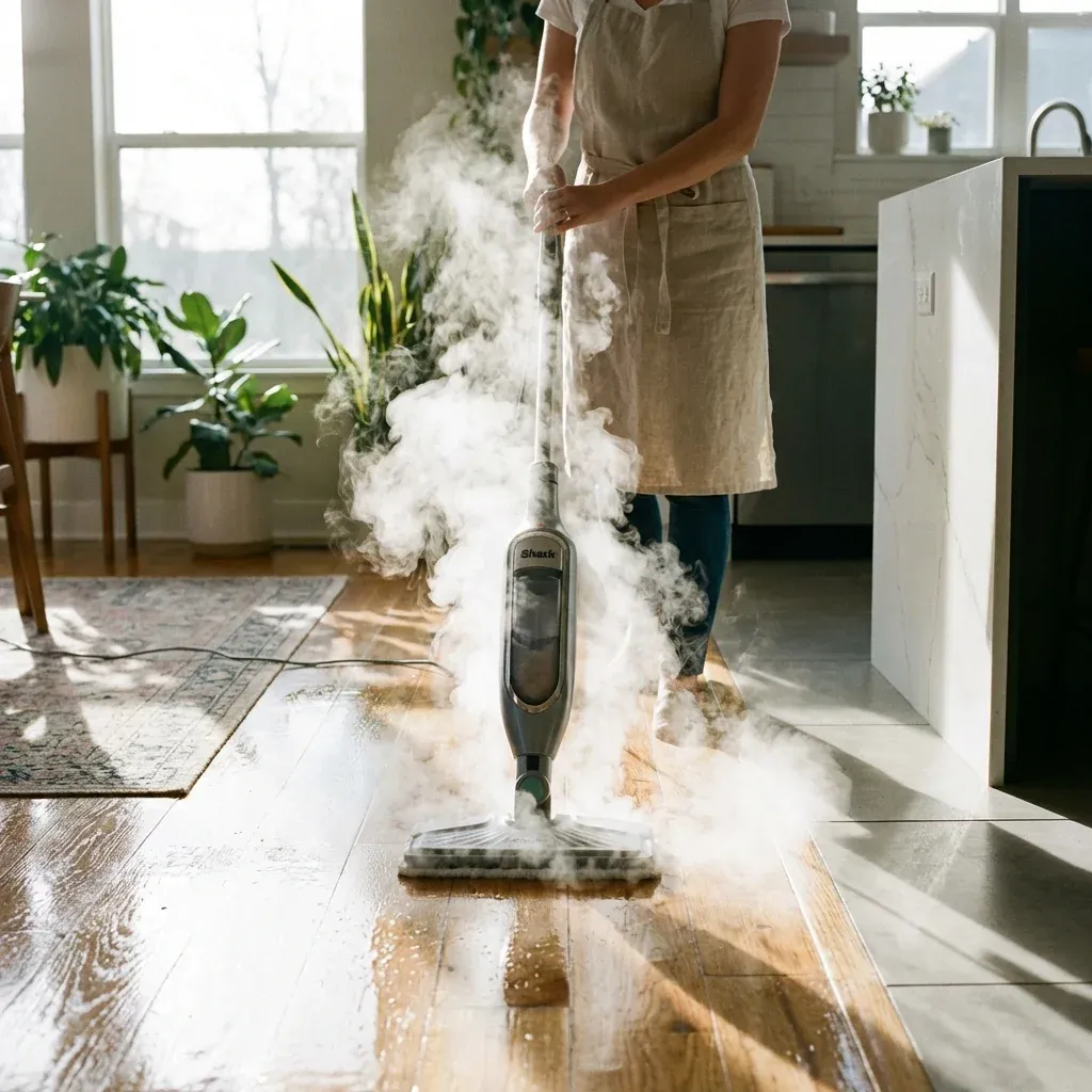 A Shark Genius Steam Mop releasing steam while cleaning a sealed hardwood floor