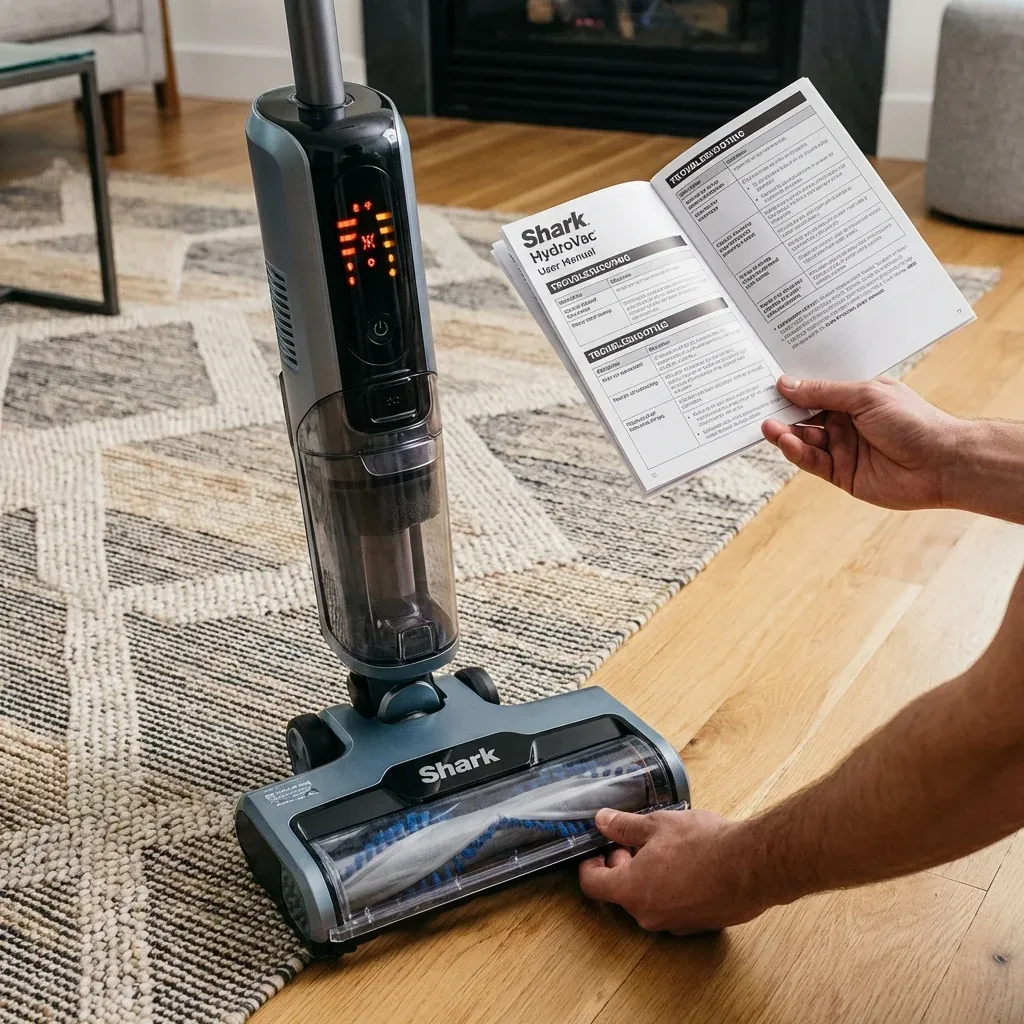 A Shark HydroVac with warning lights flashing while a user consults the manual