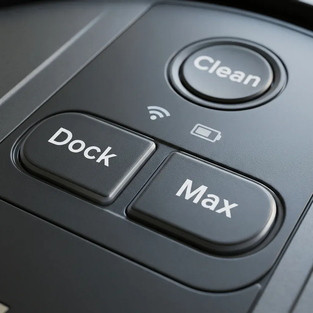 Close up of Shark Ion Robot buttons showing Clean, Dock, and Max lights