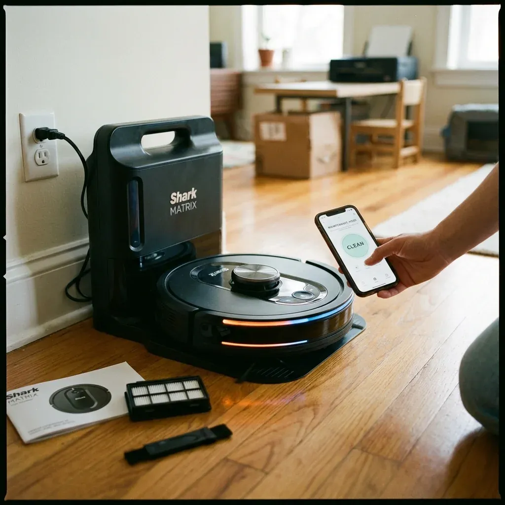 A Shark Matrix robot vacuum with indicator lights on while a user checks the app