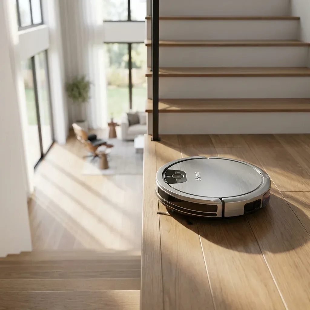 A Shark robot vacuum navigating a modern multi-story home near a staircase