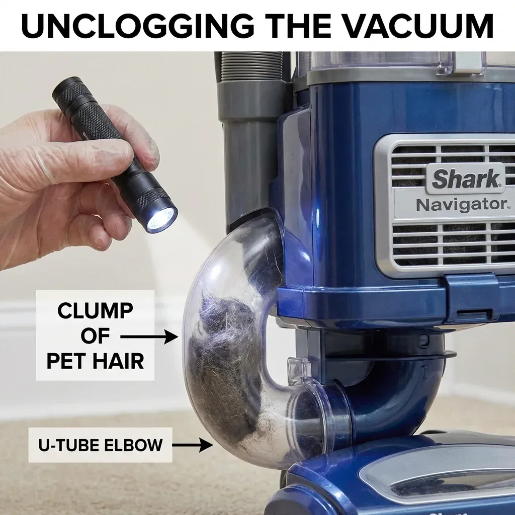 Disconnecting the hose on a Shark Navigator to check for clogs