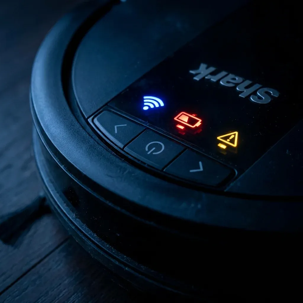 Close-up of Shark robot vacuum indicator lights glowing in the dark