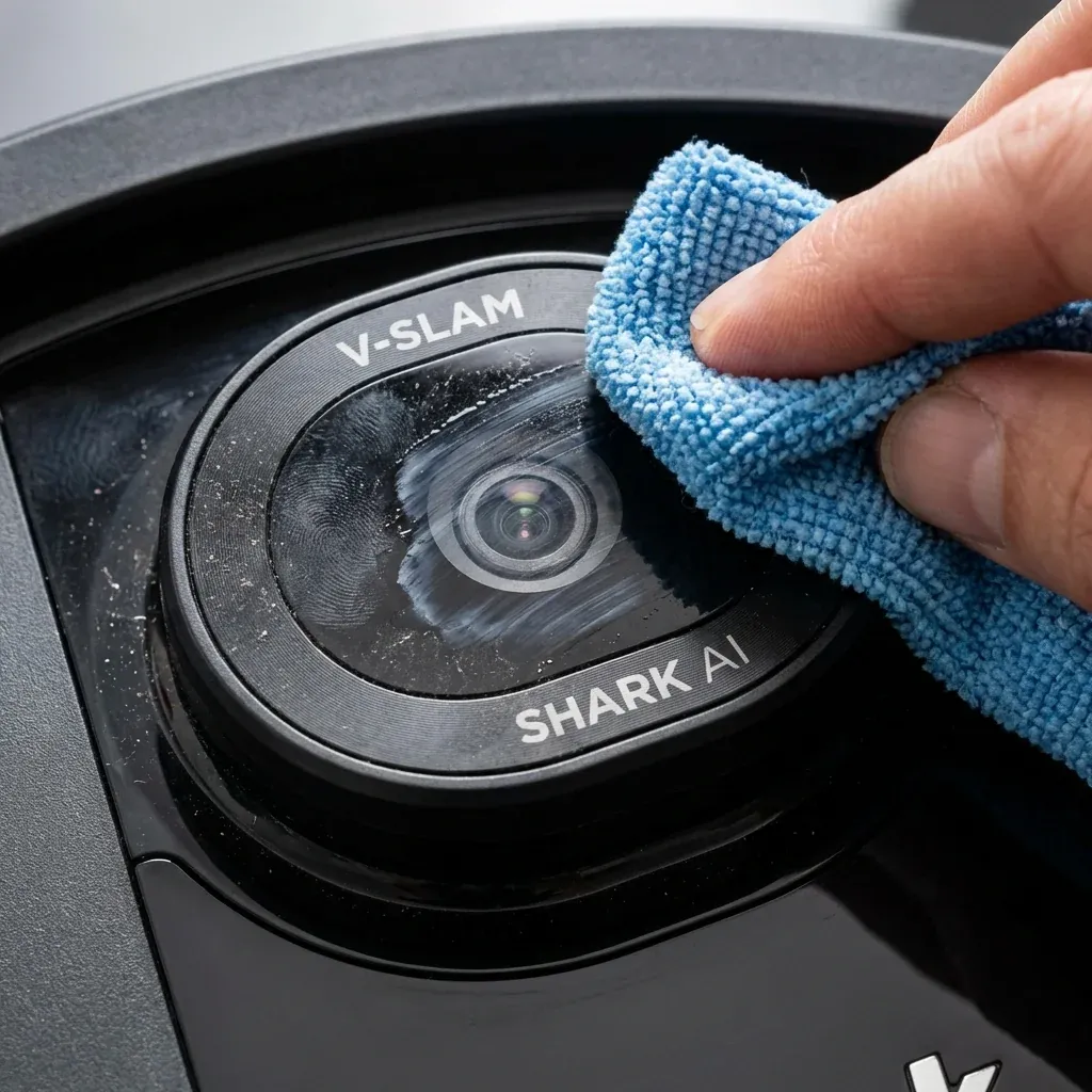 A close-up of a microfiber cloth cleaning the V-SLAM camera on a Shark AI robot vacuum