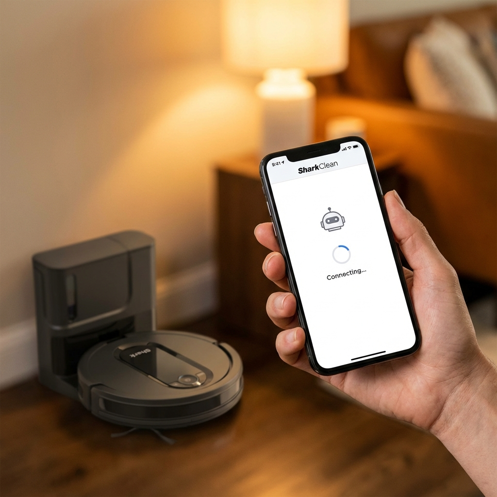A Shark IQ robot vacuum navigating a living room with its side brushes spinning
