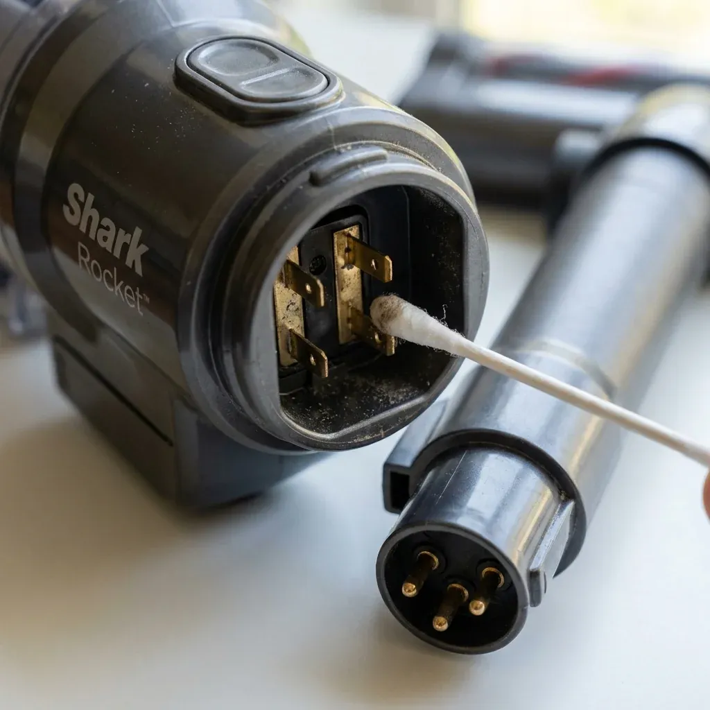 Cleaning electrical pins on a Shark Rocket handheld unit with a cotton swab