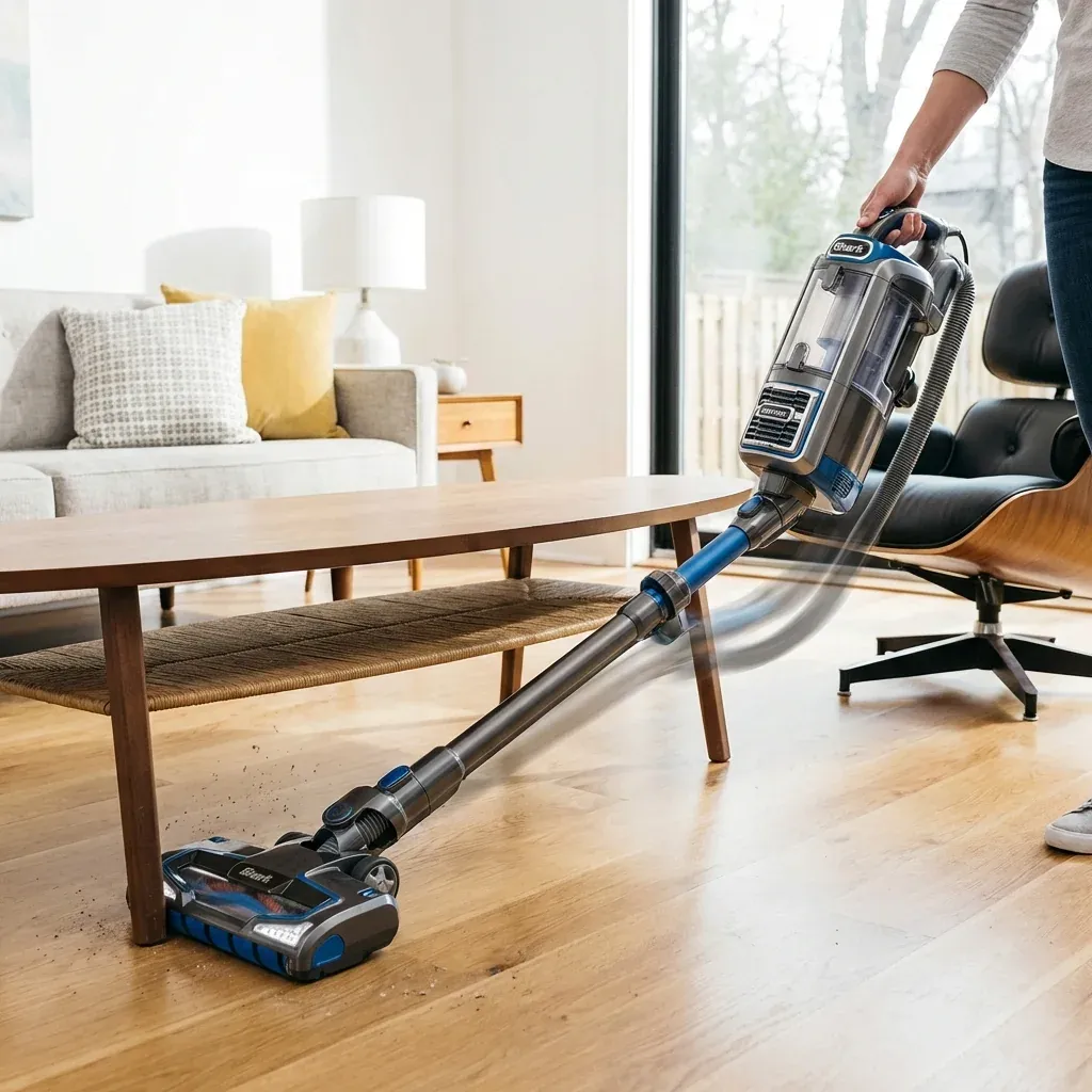 A person using a Shark Rotator in Powered Lift-Away mode to clean under a table while the brush roll is active