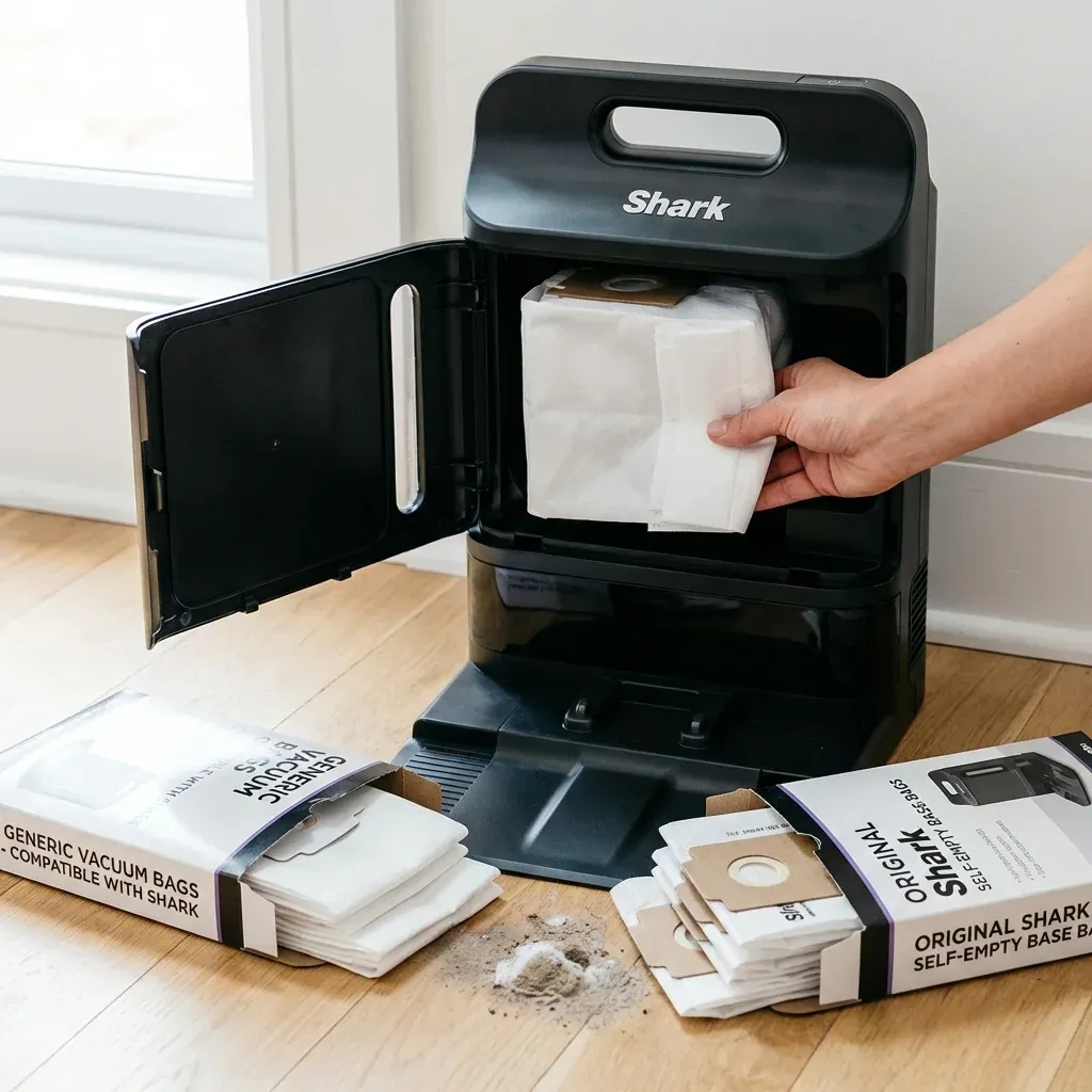 A Shark self-empty base with a replacement bag being changed