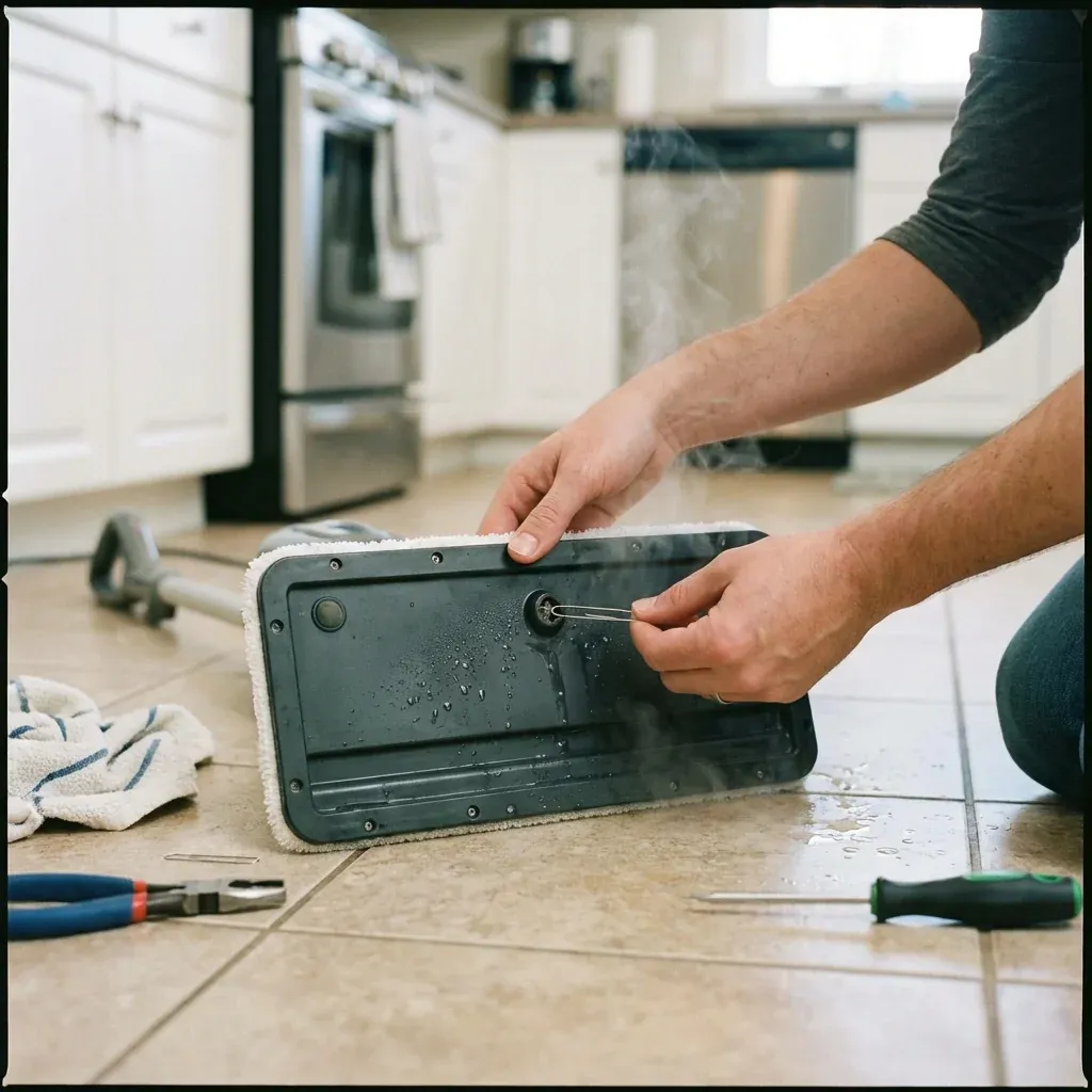 A person clearing a steam mop nozzle with a paperclip to restore steam flow