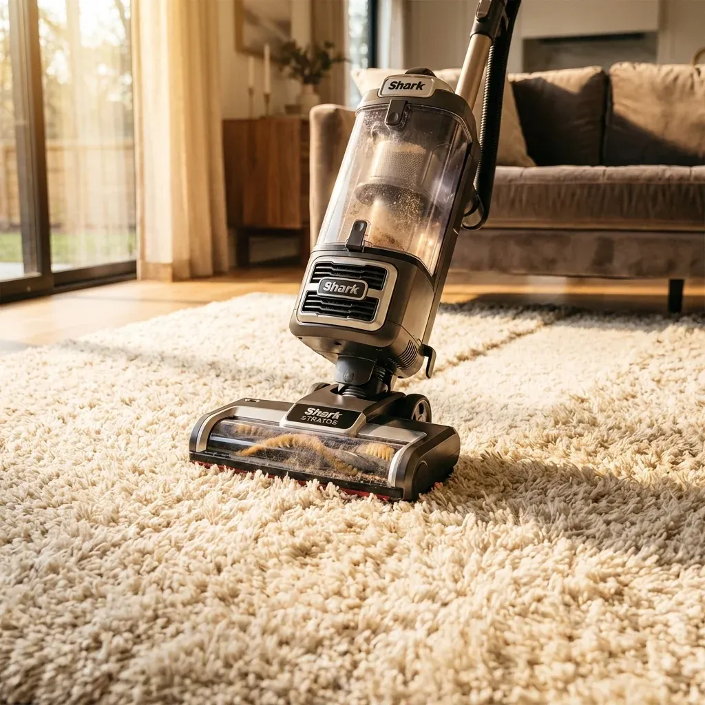 A Shark vacuum deep-cleaning a thick, plush ivory-colored carpet in a modern living room