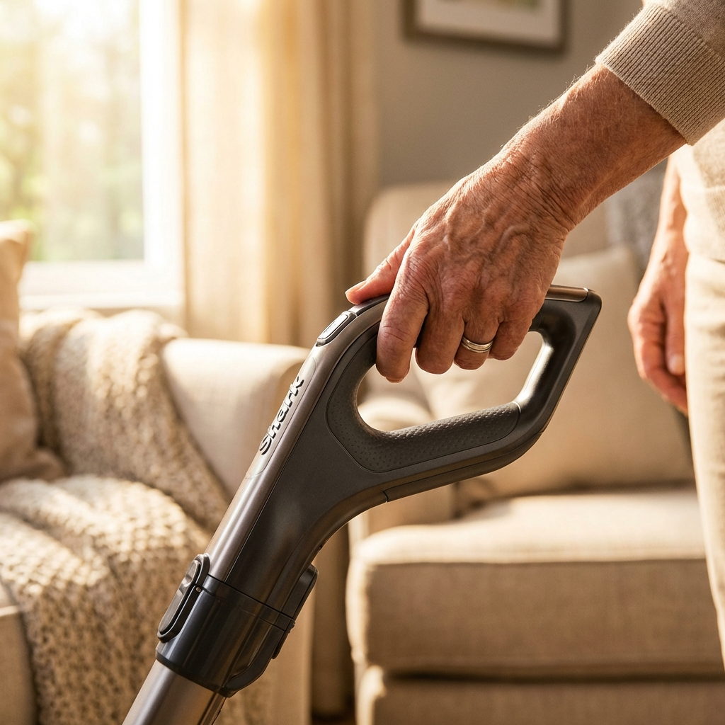 An elderly person's hand comfortably gripping the ergonomic handle of a lightweight Shark vacuum