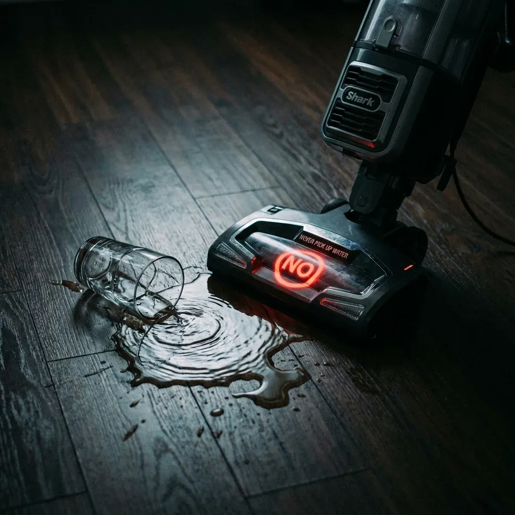 A cautionary image of a water spill next to a Shark vacuum with a prohibition warning