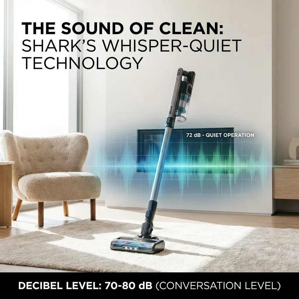 A Shark vacuum in a quiet living room with an overlay showing noise levels in decibels