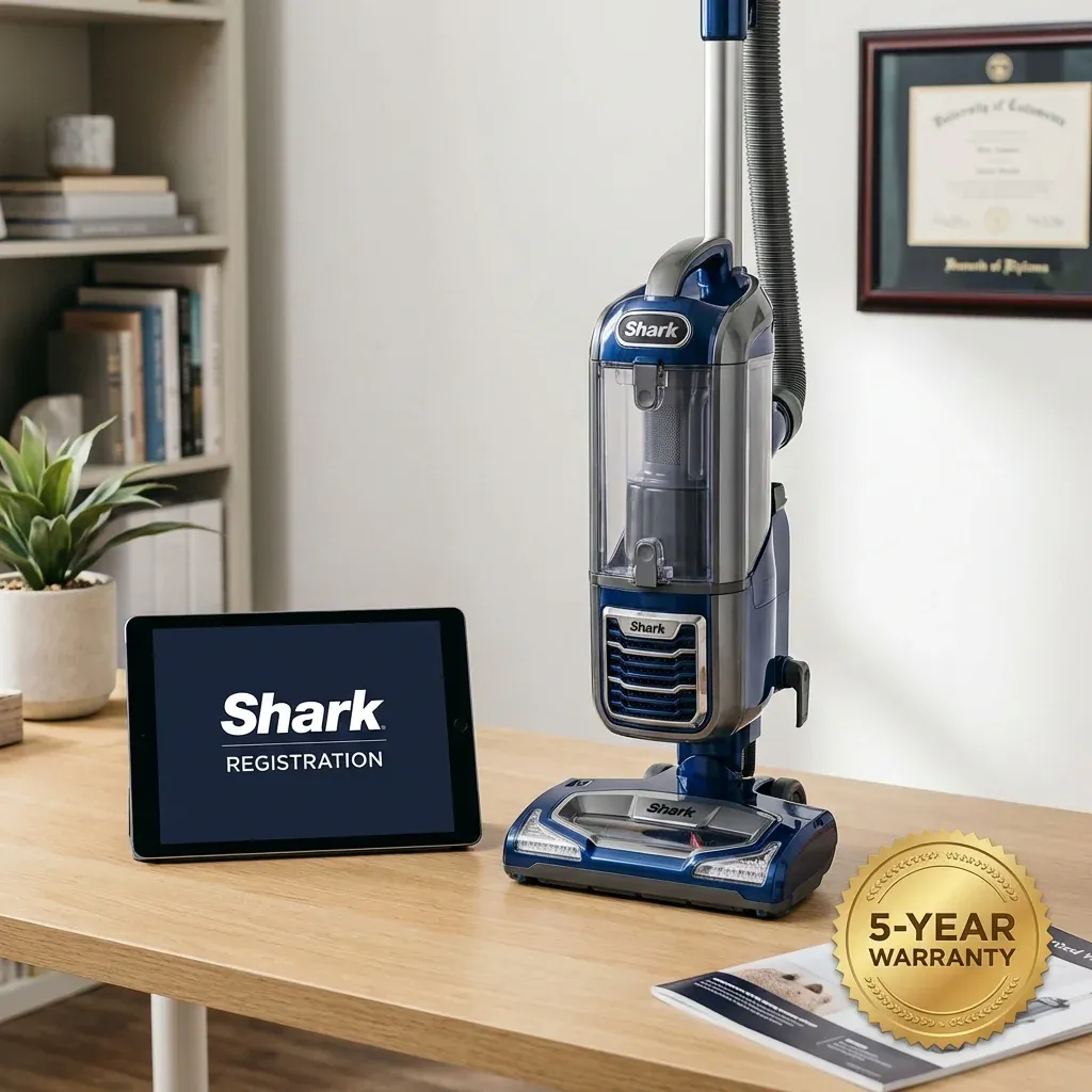A Shark vacuum next to a tablet showing the product registration page and a 5-year warranty seal