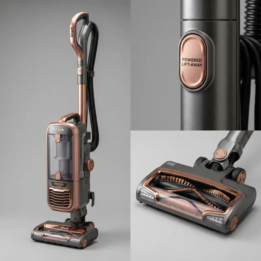 A detailed view of the Shark Vertex AZ2002 upright vacuum highlighting its Powered Lift-Away button and DuoClean head