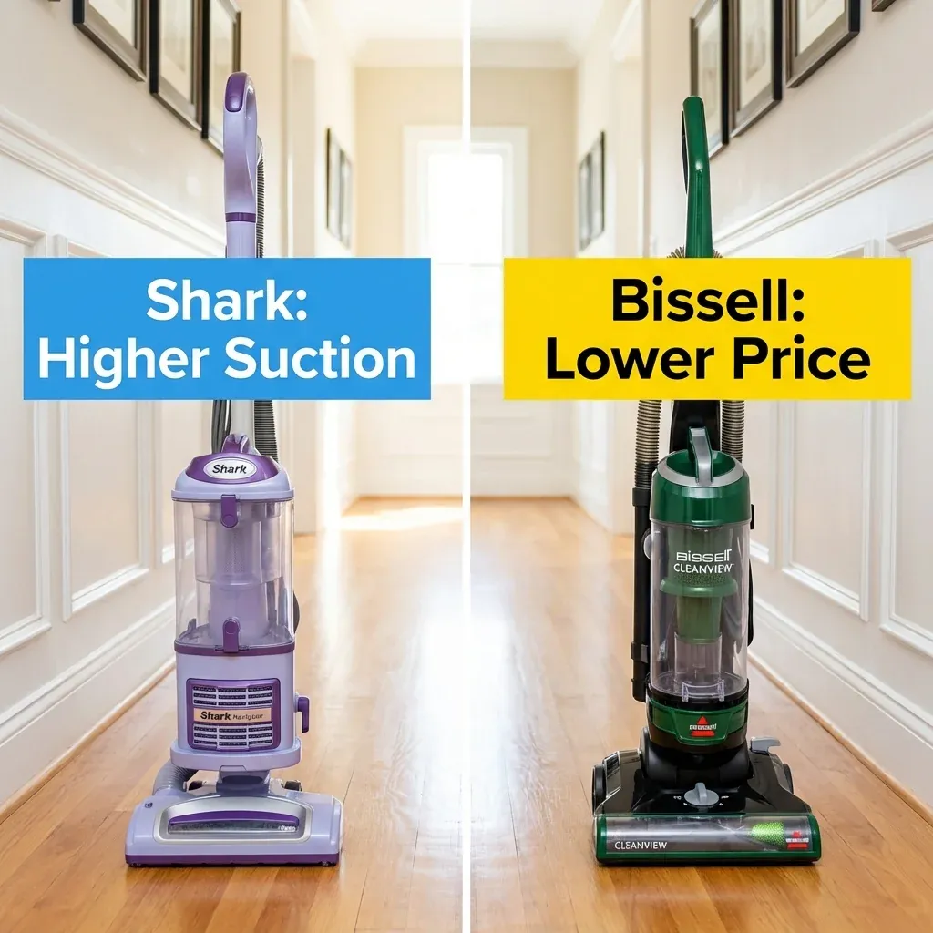 A senior-friendly side-by-side comparison of a Shark Navigator and a Bissell CleanView vacuum with text highlights on their main features