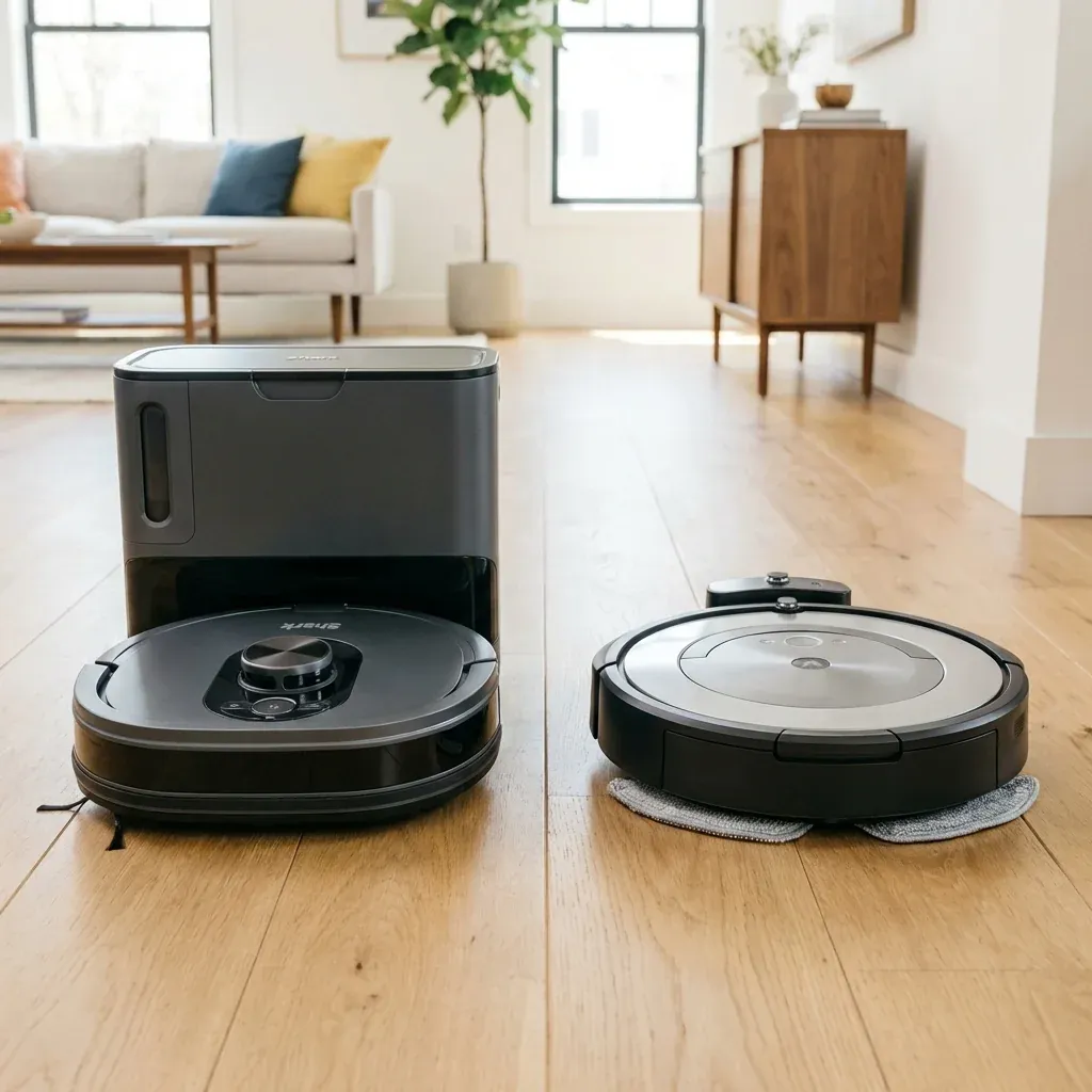 A Shark Matrix robot and a Roomba combo robot side-by-side comparison